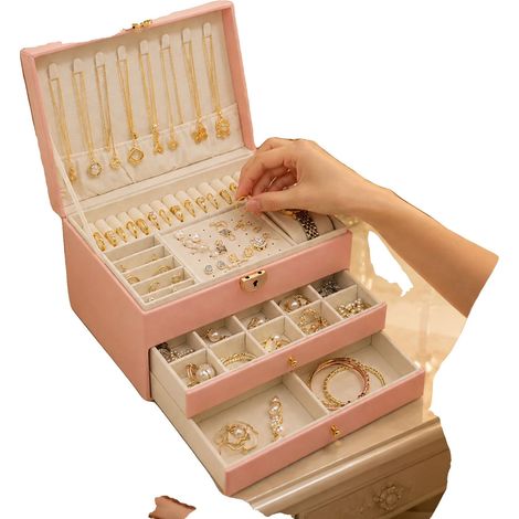 Caja para guardar joyas, material de cuero, diseño de 3 niveles, dimensiones 24 x 14 x 21 cm, apta para pendientes y anillos, carga máxima 1 (1/5)