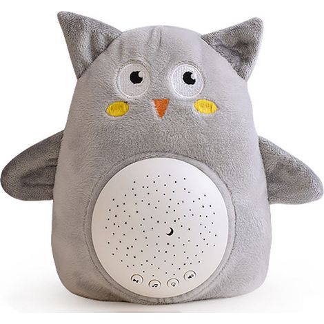 Veilleuse Projecteur Hibou en Peluche - SKU 66204 - Gris Doux, Projection Étoiles Multicolores, Musique Apaisante, Cadeau Bébé (1/4)