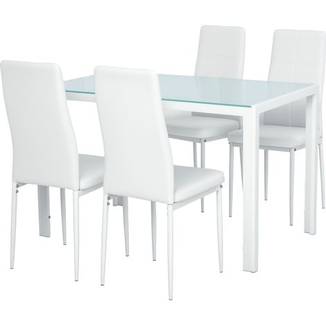 Set 5 Pezzi con 1 Tavolo e 4 Sedie per Cucina o Sala da Pranzo in Finta Pelle, Metallo e Vetro Temperato, Bianco