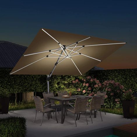 PURPLE LEAF parasol déporté Rectangulaire 3,65 × 2,7 m, rotation 360°, double toit ventilé, panneau solaire intégré, 8 baleines LED en aluminium, pour jardin, cour et piscine, beige