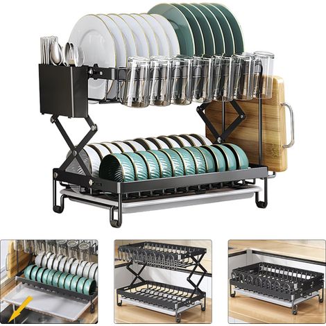 Égouttoir à vaisselle pliable à 2 niveaux, extensible, en métal, avec égouttoir amovible et support pour ustensiles et planches à découper (1/5)