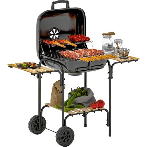 Barbecue au charbon de bois en acier, chariot avec couvercle verrouillable, grille, roues, poignée, tablette en bois, 98 x 54 x 91 cm, noir