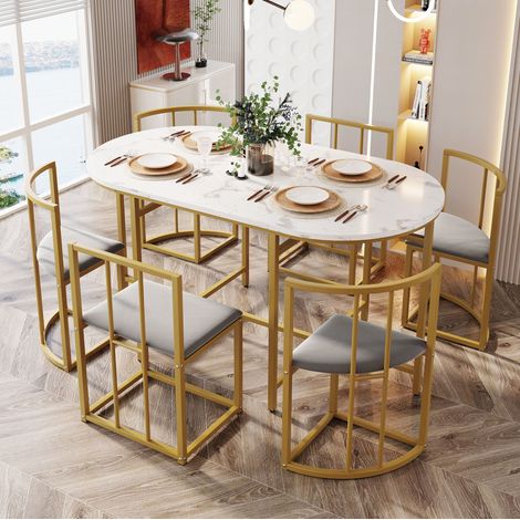 Conjunto de mesa y sillas de comedor 7 piezas 140 x 80 x 76 cm blanco y dorado HAVRYA (1/5)