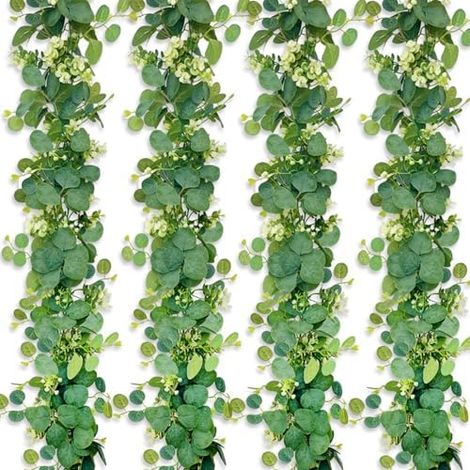 4 Stück Eukalyptus Girlande, 1.8m Grüne Blätter Künstliche Girlande Pflanze mit Weiße Blumen, Eukalyptus Deko für Hintergrund Hochzeit Dekoration Festliche Tafel Dekorieren