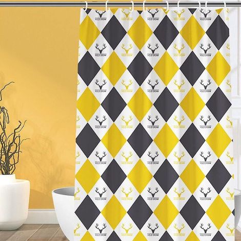 Gelber, gemusterter Duschvorhang aus Polyester, schimmelresistent, 100 x 200 cm, mit 12 Haken (1/5)