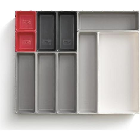 Modularer Schubladenorganisator Joseph Joseph Duo, 10-teilig, ideal für Küchenutensilien, Schreibwaren und Werkzeuge, individuelles und kompaktes Design, grau/rot.