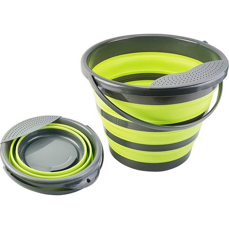 Seau pliable 10 litres avec égouttoir, seau pliable compact pour le camping, la pêche et l'usage domestique, vert-gris (1/5)