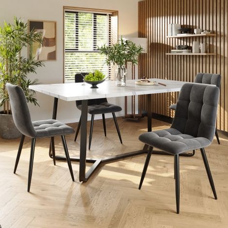Ensemble table et 4 chaises à manger, plateau de table en marbre, pieds de table noirs, chaises en velours gris (1/5)