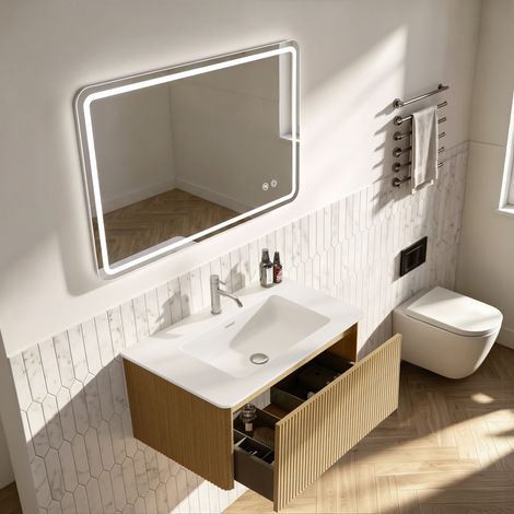 Conjunto de muebles de baño con espejo, mueble de lavabo de 80 cm con mueble bajo, mueble de baño suspendido, premontado, acabado en roble, espejo LED de 60 × 80 cm, sin marco, se puede montar horizon (1/5)
