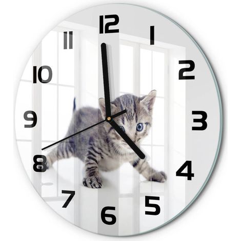 Horloge Murale Ronde Sans Cadre en Verre Trempé Silencieuse et Moderne Petit chat fi 30 cm (1/5)