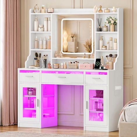 Friseuse - TEENFON - LED-Spiegel mit 3 einstellbaren Farben - Glasplatte - 3 Schubladen & 2 Schränke (1/5)