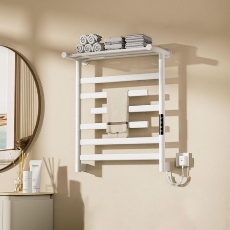 Scaldasalviette Elettrico,660×550 mm termoarredo,3 aste di essiccazione possono ruotare di 180°,con Timer e Display LED termoarredo bagno,Portaoggetti riscaldato sulla parte superiore,Bianco-destra (1/5)