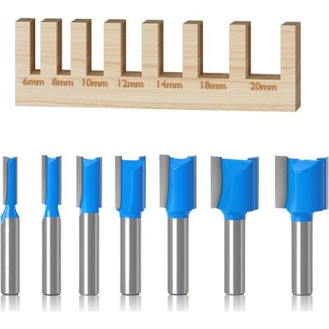 (6 mm/8 mm/10 mm/12 mm/14 mm/18 mm/20 mm)7 pièces Fraises pour Défonceuses a Bois, Fraises Droites à Tige de 8 mm, Outils de Travail du Bois, Fraises à Défoncer en Carbure Double Cannelure (1/4)