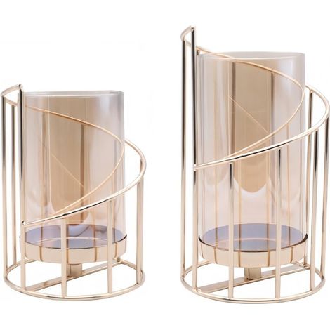 Set of romantic Nordic candle holders in gold-tone metal and glass, geometric table decoration for living room, wedding, festival – 2 sizes (large and small) – Vase and floral arrangement base (1/5)