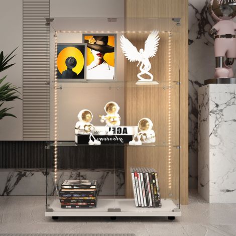 BLANKETSWARM - Vitrine en verre avec LED, 79x35x123 cm, Armoire vitrine de collection à serrure, Meuble vitrine verre moderne 3 étagères et 2 porte pour salon, chambre ou bureau, Blanc (1/5)