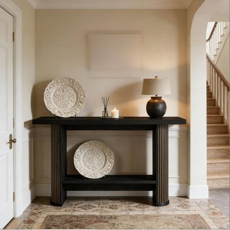 Console 140x30x80 cm noire avec rangement ouvert, structure en bois, MEUBLIV (1/5)