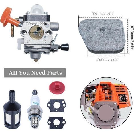 Kit carburateur complet compatible avec débroussailleuses Stihl FS90, FS90R, FS87, FS87R, FS100, FS110 et FS110R, bougie, filtre à air et filtre à huile inclus. (1/3)