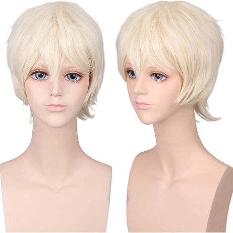 Peluca corta y tupida de color rubio platino claro para hombre, resistente al calor, ideal para cosplay y anime. (1/2)