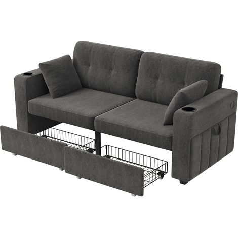 Canapé 2 places avec tiroirs de rangement, ports USB et porte-gobelets, revêtement en chenille, 172x75x82 cm (1/5)