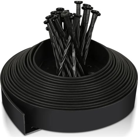 Bordure de pelouse flexible TolleTour 10 m x 5 cm avec 30 ancrages au sol en plastique pour fixer les bordures de massifs de fleurs, noire (1/5)