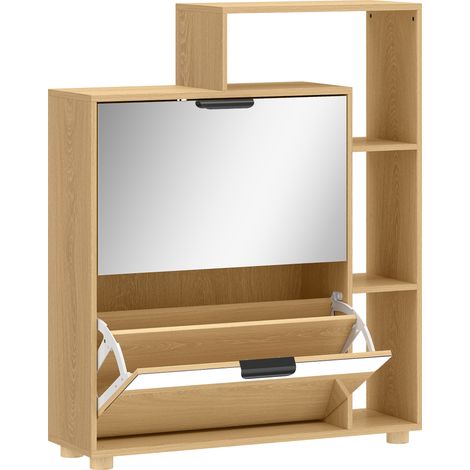 Meuble à chaussures 10 paires - Chêne - Armoire à chaussures avec portes en miroir, 2 tiroirs et compartiments ouverts - Pour entrée - Design pratique (1/5)