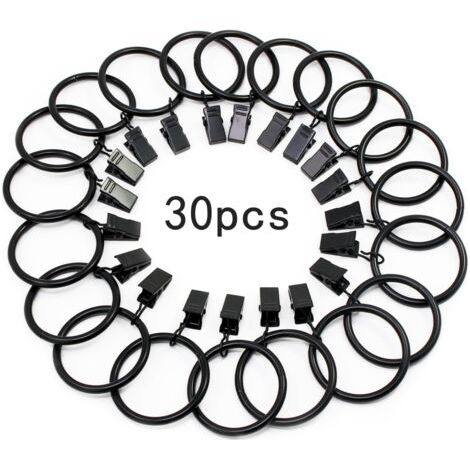 30 Pièces Anneaux de Rideaux, avec Métal Pince, Robuste, Antirouille, pour Tringle à Rideaux, 32mm Diamètre Intérieur (Noir)