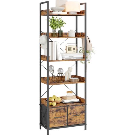 Bibliothèque Industrielle 6 Niveaux 180cm Cadre Fer Noir Bois Vintage (1/5)