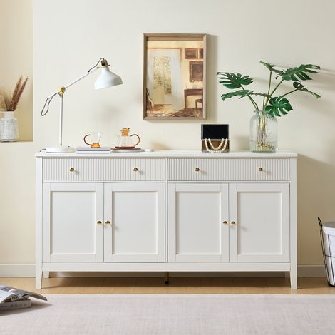 Buffet moderne 162x40x80 cm - Avec 4 portes - Pieds en métal - MDF + panneaux de particules - Blanc