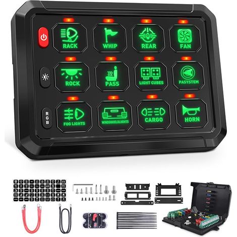 12 Interrupteur Panneau de Commutation 12V/24V, Panneau de Controle Universel avec Panneaux de Commutation Tactiles à Intensité Variable RVB 8 Couleurs pour Voiture Camion SUV RZR Bateau (1/5)