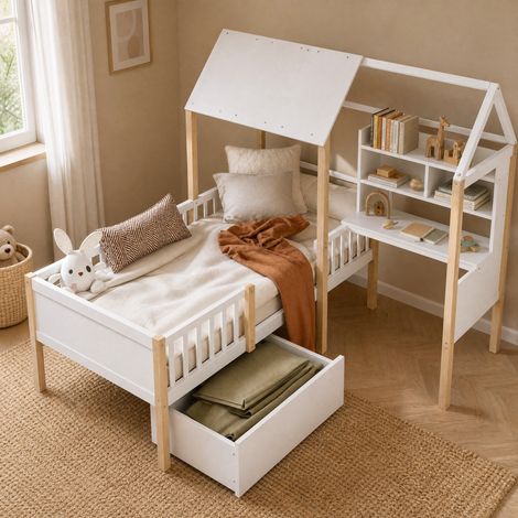 Kinderbett 90x200 cm, Hausbett mit Schreibtisch und Bücherregal, Stauraum, Massivholz, Weiß (1/5)