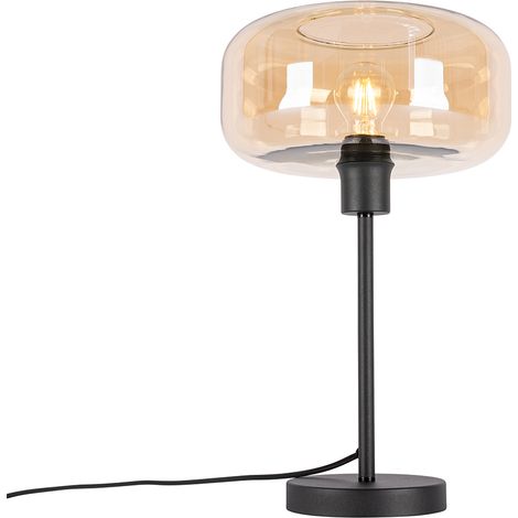 QAZQA Art Déco Lámpara de mesa Art Deco negra con cristal ámbar - Bizle Vidrio /Acero Redonda Adecuado para LED Max. 1 x 25 Watt