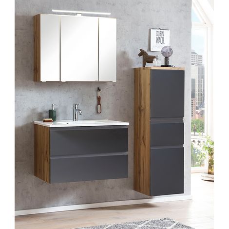 Badmöbel Set mit Aufsatzleuchte und Waschbecken, Wotan Eiche Nb. mit matt grau, VASTO-03-GREY, B/H/T ca. 135/200/47 cm (1/5)