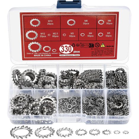 Lot de 330 rondelles de serrage, rondelles de serrage à dents intérieures, rondelles dentées en acier inoxydable, assortiment de rondelles de serrage M2.5 M3 M4 M5 M6 M8 M10 M12 (1/5)