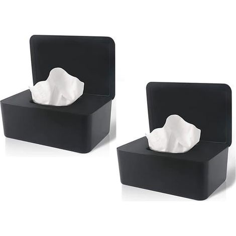 Boîte à lingettes humides 2 pièces avec couvercle - 18,5 x 12,2 x 7 cm - Joint en silicone - Ouverture et fermeture faciles - Pour ranger mouchoirs et lingettes humides - Noir (1/5)