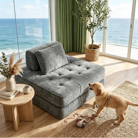 Schlafsofa 1-Sitzer 2-in-1, Chenille, grau, mit Kissen HAVRYA (1/5)