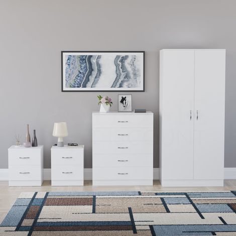 Riano 4 Piece Bedroom Set (2 Drawer Bedside Chest, 5 Drawer Chest, 2 Door Wardrobe) White (1/5)