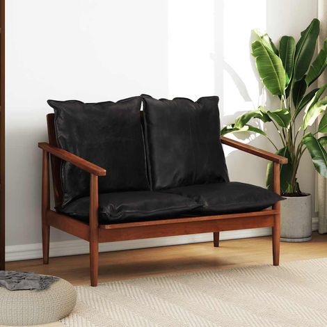 2-Sitzer-Sofa Schwarz Echtleder und Massivholz Akazie