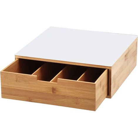 Cassetto Portacialde Portacapsule in Bamboo Ripiano in Vetro Bianco 32 x 30 x 11 cm (1/2)
