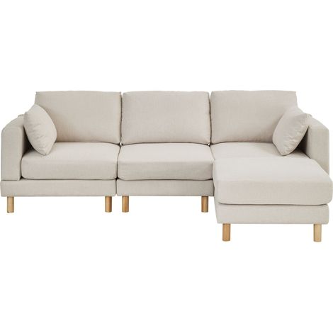 CAIziCanapé d’angle nordique 3 places avec pouf 235×152×78 CM – canapé en L beige en polyester avec pieds en bois massif pour salon moderne (1/5)