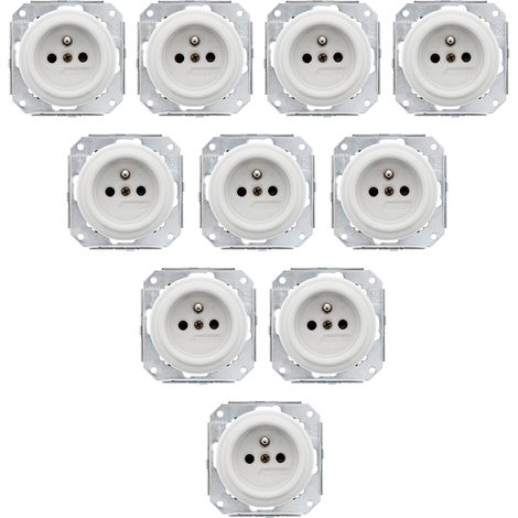 Lot de 10 prises avec terre Garby Colonial – Porcelaine blanche – Design rétro élégant – Installation encastrée – Sécurité, durabilité et charme authentique - FONTINI