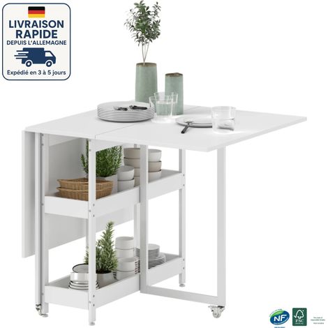 MODFU - Carrello da cucina in legno su ruote con tavolo pieghevole, 2 ripiani aperti, carrello da giardino, 80/133,4x80x75 cm, bianco (1/5)