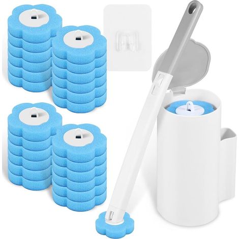Brosse de Toilette jetable avec 24 pièces de nettoyant, éponge, bâton de Toilette, avec Support, Brosse WC, nettoyant pour Salle de Bain, lavabo, Baignoire (1/5)