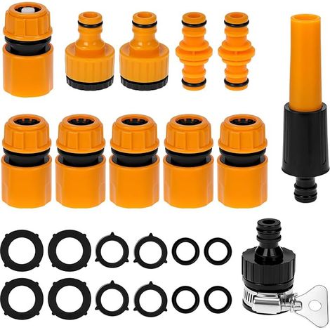 Raccord tuyau arrosage jardin, raccords rapides pour tuyaux d'irrigation set avec buse, arrêt d'eau, raccord de robinet universel, connexion 2-en-1 de 1/2 pouce et 3/4 pouce (1/5)
