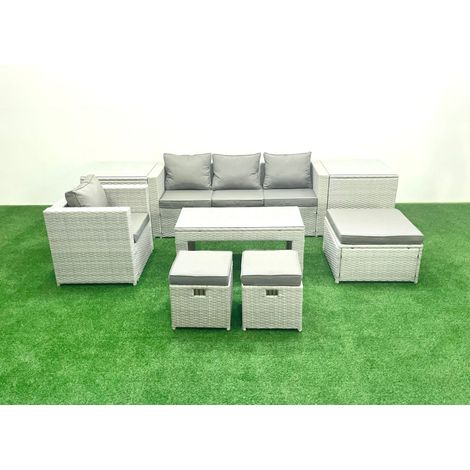 Fimous Polyrattan Gartensofa Set Couchtisch 3 Hockern 2 Beistelltischen Hellgrau gemischt 7-Sitzer (1/5)
