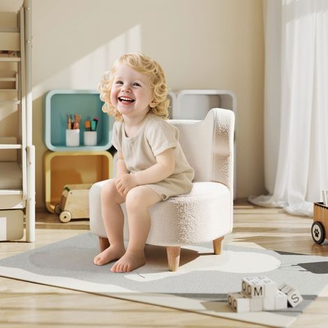 Sillón infantil de borreguito, orejas de oso, espuma, patas de madera, beige (1/5)