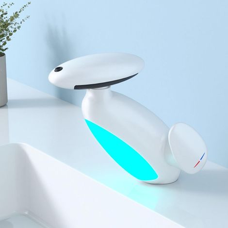 Robinet lavabo LED blanc, mitigeur cascade avec bec rotatif 360° et douchette 4 modes (1/5)