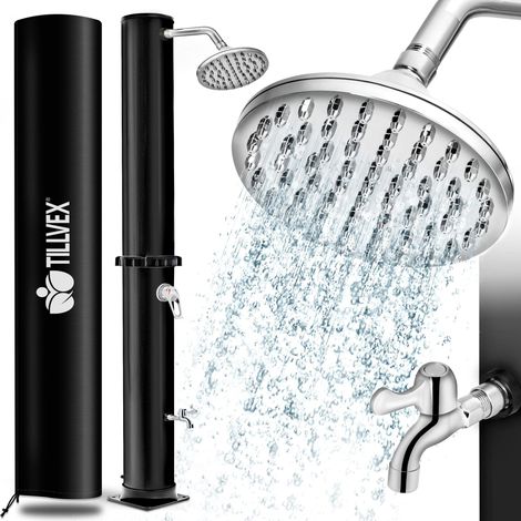 tillvex Douche solaire 20 litres (Noir) - Housse de protection incluse, Douche de jardin solaire - Douche de jardin chaude - Sans raccordement électrique - Avec robinet et pommeau de douche de pluie (1/2)