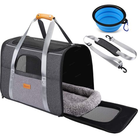 Trasportino per Gatti e Cani, Trasportino Gatto Portabile e Pieghevole, Trasportino Morbido e Traspirante Cane Taglia Piccola, Borsa Trasportino Auto per Viaggio Sull' Aereo con Tracolla e Ciotola (1/5)