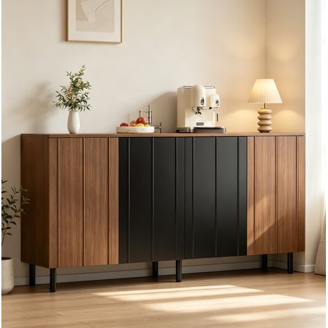 Aparador de 160 x 35 x 80 cm con 4 puertas, espacio de almacenamiento interior ajustable y patas metálicas, efecto nogal y negro. (1/5)