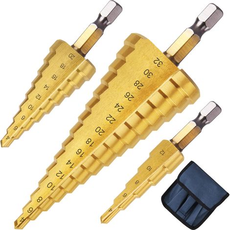 3PCS Foret Étagé Métal, 4-12/20/32mm Fraise Etage Metal Triangle Conique Titane, Meche Etage Tige à Hexagone pour Visseuse sur Métal Acier, Bois, Laiton, Aluminium, Plastique (1/5)